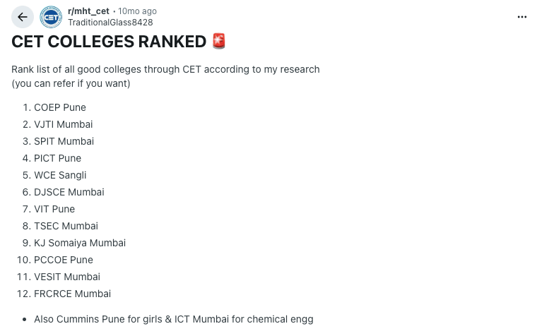 CET College Rankings