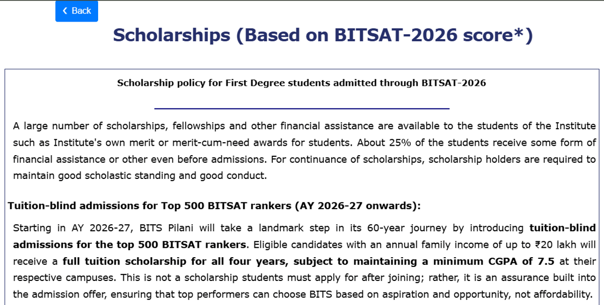 BITS Pilani Offers Full Tuition Scholarship