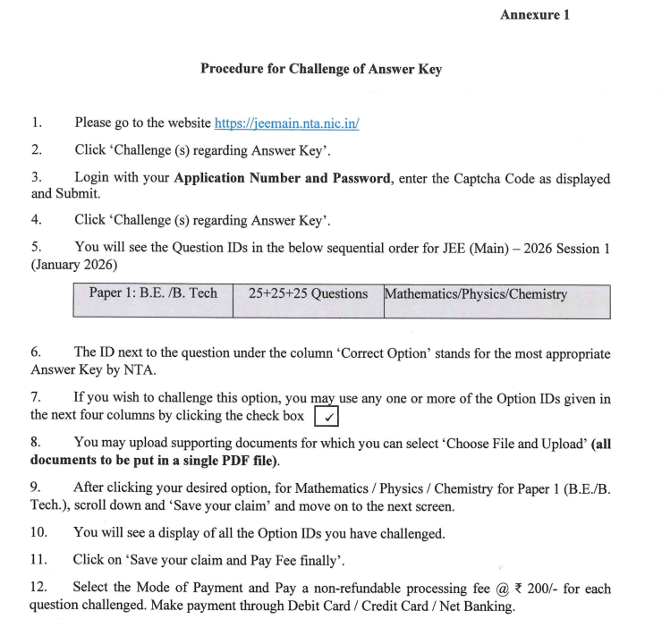 Detailed procedure for Challenge of Answer Key by NTA public Notice PDF
