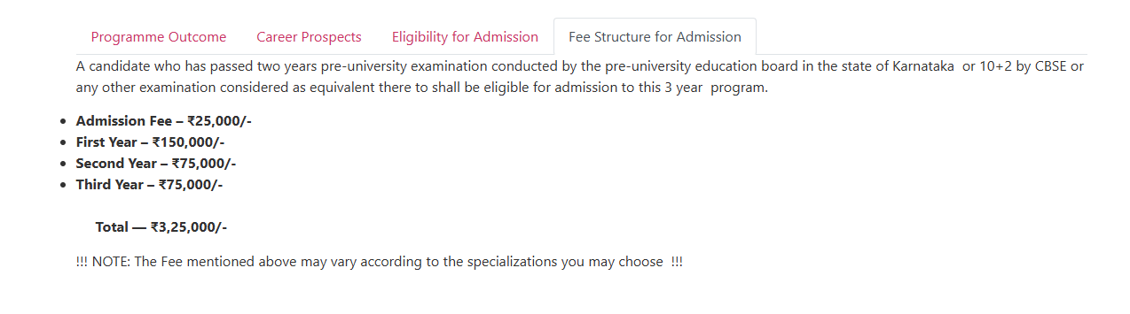 Fees as per Official Website