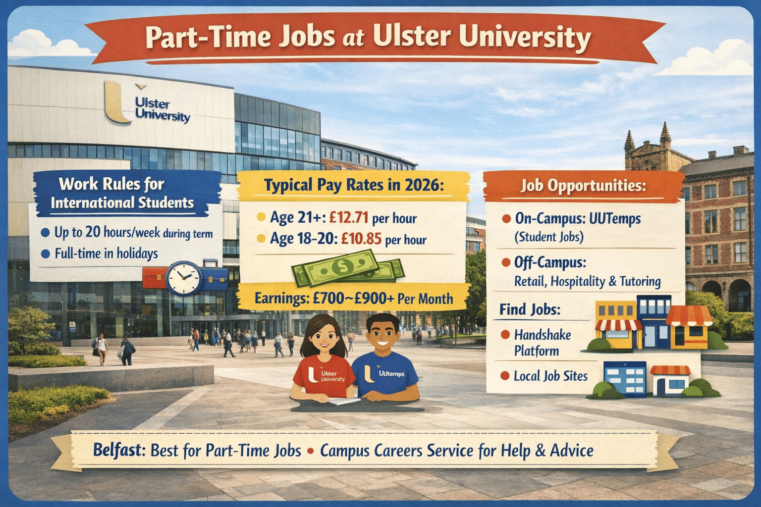 An infographic titled &ldquo;Part-Time Jobs at Ulster University&rdquo; showing information for international students. On the left, it lists work rules: up to 20 hours per week during term and full-time during holidays. In the center, typical pay rates for 2026 are displayed: &pound;12.71 per hour for age 21+ and &pound;10.85 per hour for ages 18&ndash;20, with estimated monthly earnings of &pound;700&ndash;&pound;900+. On the right, job opportunities include on-campus roles through UUTemps and off-campus work in retail, hospitality, and tutoring. It also suggests finding jobs via the Handshake platform and local job sites. The background shows the Ulster University campus with students walking around, and a note at the bottom highlights Belfast as a good city for part-time jobs with support from campus career services.