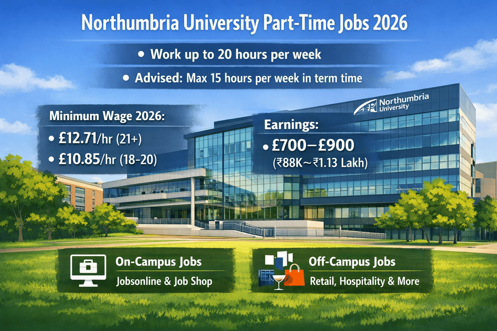 Infographic titled &ldquo;Northumbria University Part-Time Jobs 2026&rdquo; showing that students at Northumbria University can work up to 20 hours per week (advised 15 hours during term time), with minimum wages of &pound;12.71/hour (age 21+) and &pound;10.85/hour (age 18&ndash;20), and estimated monthly earnings of &pound;700&ndash;&pound;900. It highlights on-campus job options via Jobsonline and Job Shop, and off-campus roles in retail and hospitality, set against a modern campus building background.