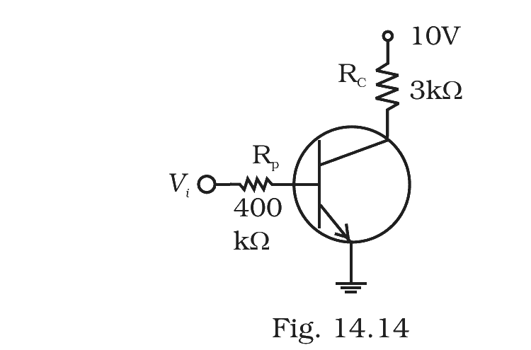 Fig.&nbsp;14.14 –- npn transistor; collector resistor RC=3 kΩ to +10 V; base resistor Rp=400 kΩ from Vi to base.