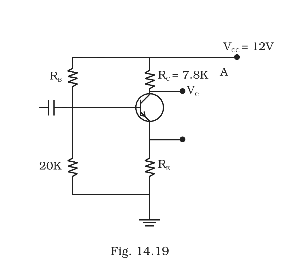 Fig.&nbsp;14.19 –- npn transistor with RB from base to VCC, RC=7.8 kΩ from collector to VCC, 20&nbsp;kΩ from base to ground (voltage divider), and RE from emitter to ground.