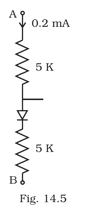 Fig.&nbsp;14.5 –- Two-resistor (5&nbsp;kΩ each) divider with a diode, current 0.2 mA entering at A.