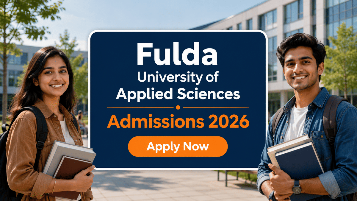 A clean horizontal banner featuring two smiling Indian students holding books in front of a modern university campus. In the center, a dark blue panel displays the text &ldquo;Fulda University of Applied Sciences Admissions 2026&rdquo; with a prominent orange &ldquo;Apply Now&rdquo; button, conveying an inviting and professional admissions announcement.
