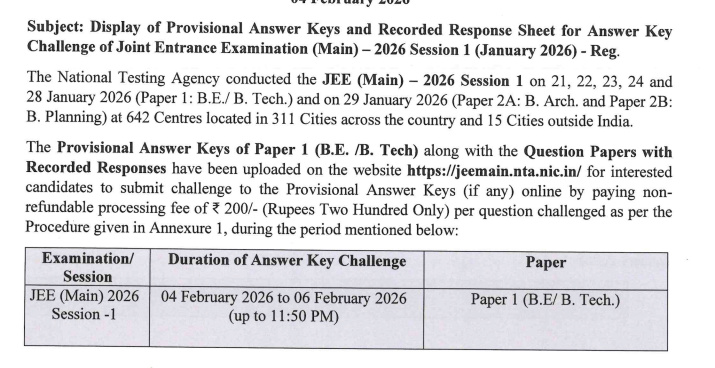 JEE Main Answer key & Response Sheet Live Updates