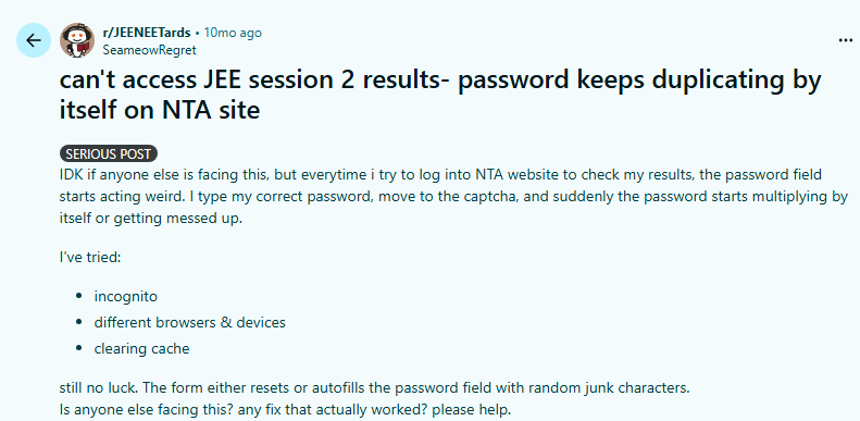 JEE Main 2026 Result Login Issues