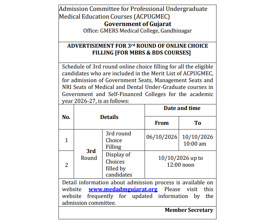 Gujarat NEET UG 2026 Round 3 Key Details