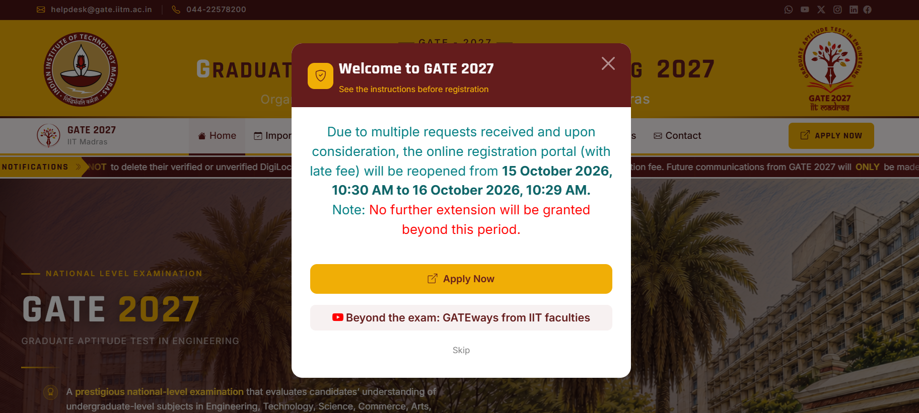 GATE 2027 Important Dates