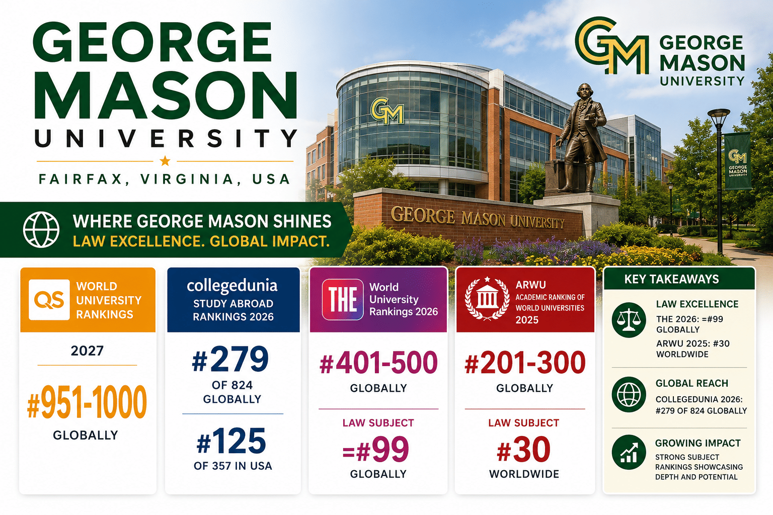 George Mason University rankings infographic featuring a modern campus building and university branding in Fairfax, Virginia, USA. The landscape design highlights the university&rsquo;s global rankings across major ranking systems: QS World University Rankings 2027 (#951&ndash;1000 globally), Collegedunia Study Abroad 2026 (#279 of 824 globally and #125 of 357 in the USA), THE World University Rankings 2026 (#401&ndash;500 globally), and ARWU 2025 (#201&ndash;300 globally). The infographic emphasizes George Mason University&rsquo;s strongest academic area, Law, ranked =#99 worldwide in THE 2026 and #30 worldwide in ARWU 2025 subject rankings. Large typography, ranking cards, and a professional green-and-gold color scheme create a clean, data-focused visual highlighting the university&rsquo;s strengths in legal studies and global academic impact.