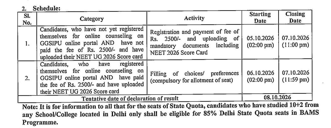 GGSIPU BAMS & BHMS Counselling 2026-27 Important Dates