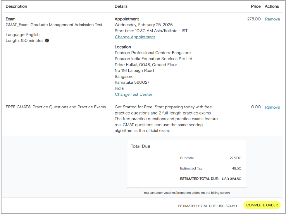 GMAT Fees with taxes
