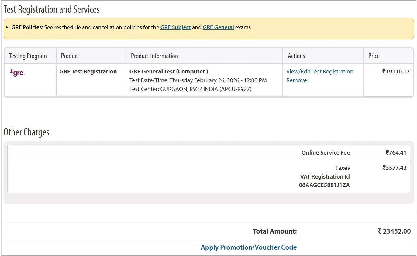 GRE Exam Fees in India 2026
