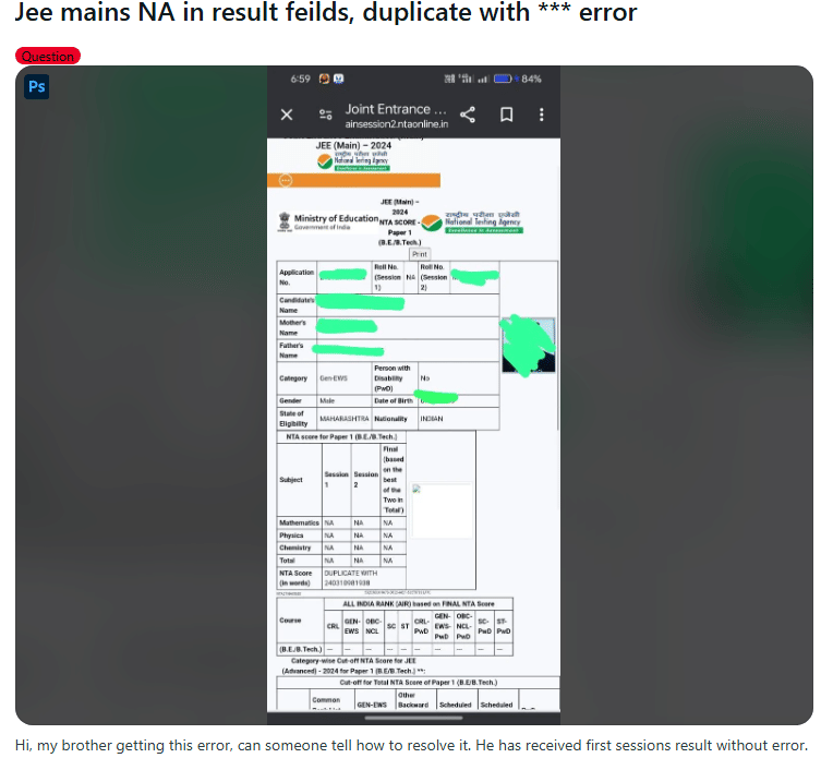 JEE Main 2026 Scorecard Errors Reddit Discussion
