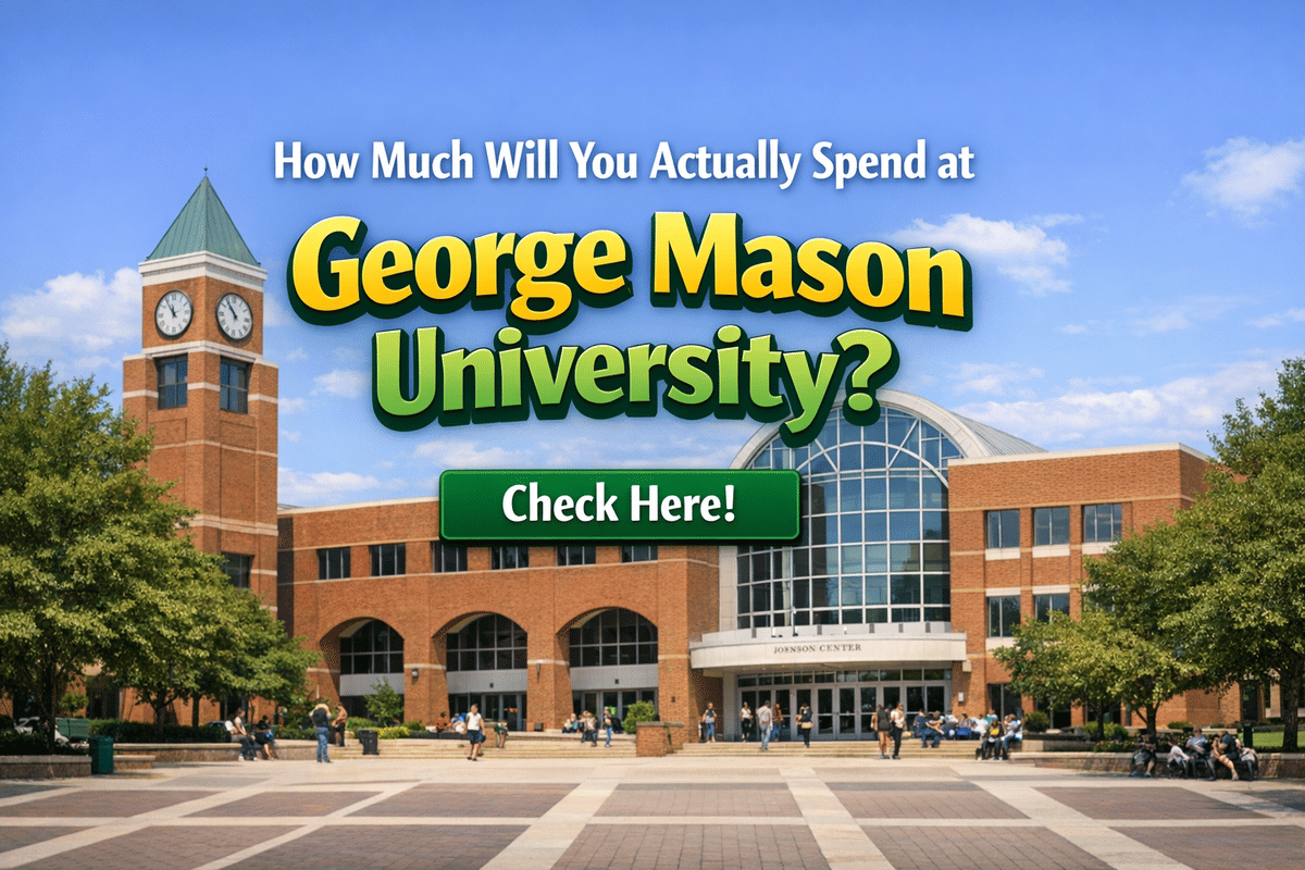 Students outside the Johnson Center at George Mason University campus with a banner reading &ldquo;How Much Will You Actually Spend at George Mason University? Check Here!&rdquo;