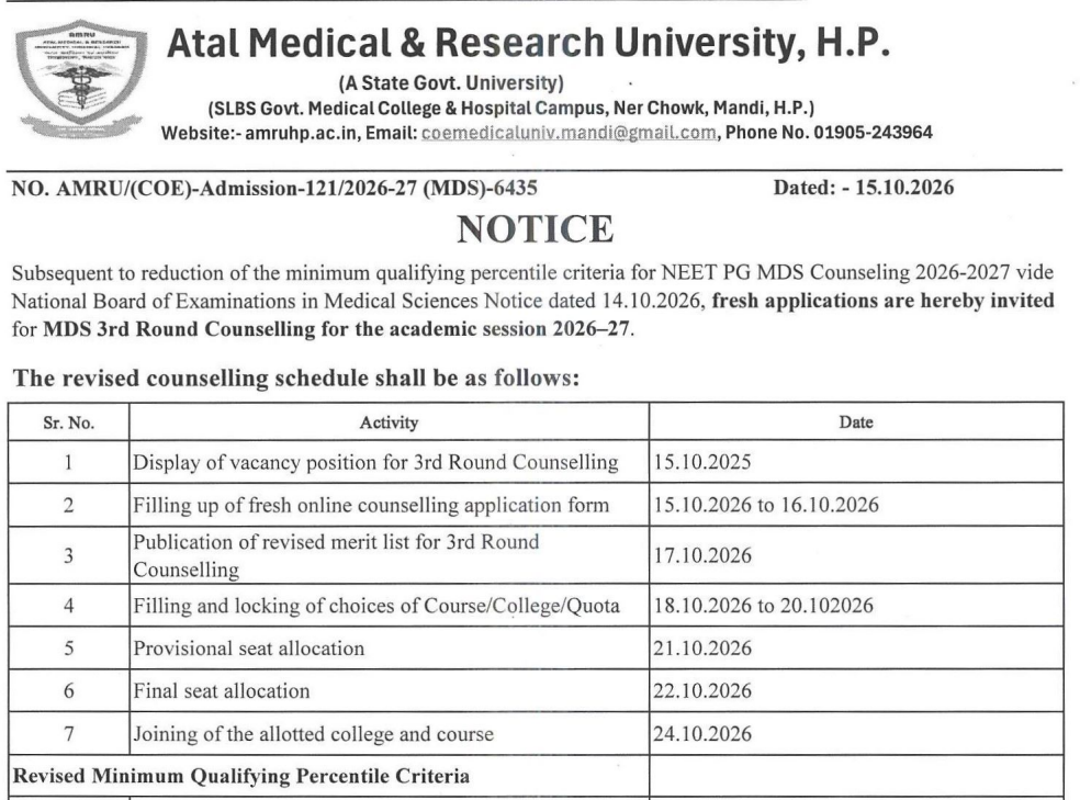 HP NEET MDS Round 3 Revised Important Dates