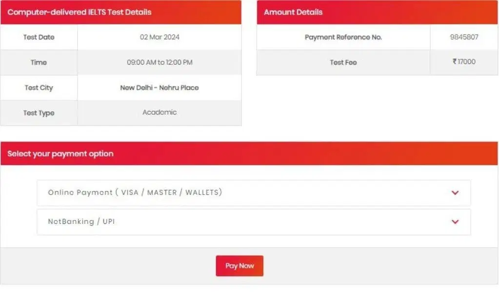 IELTS Exam Fee Payment