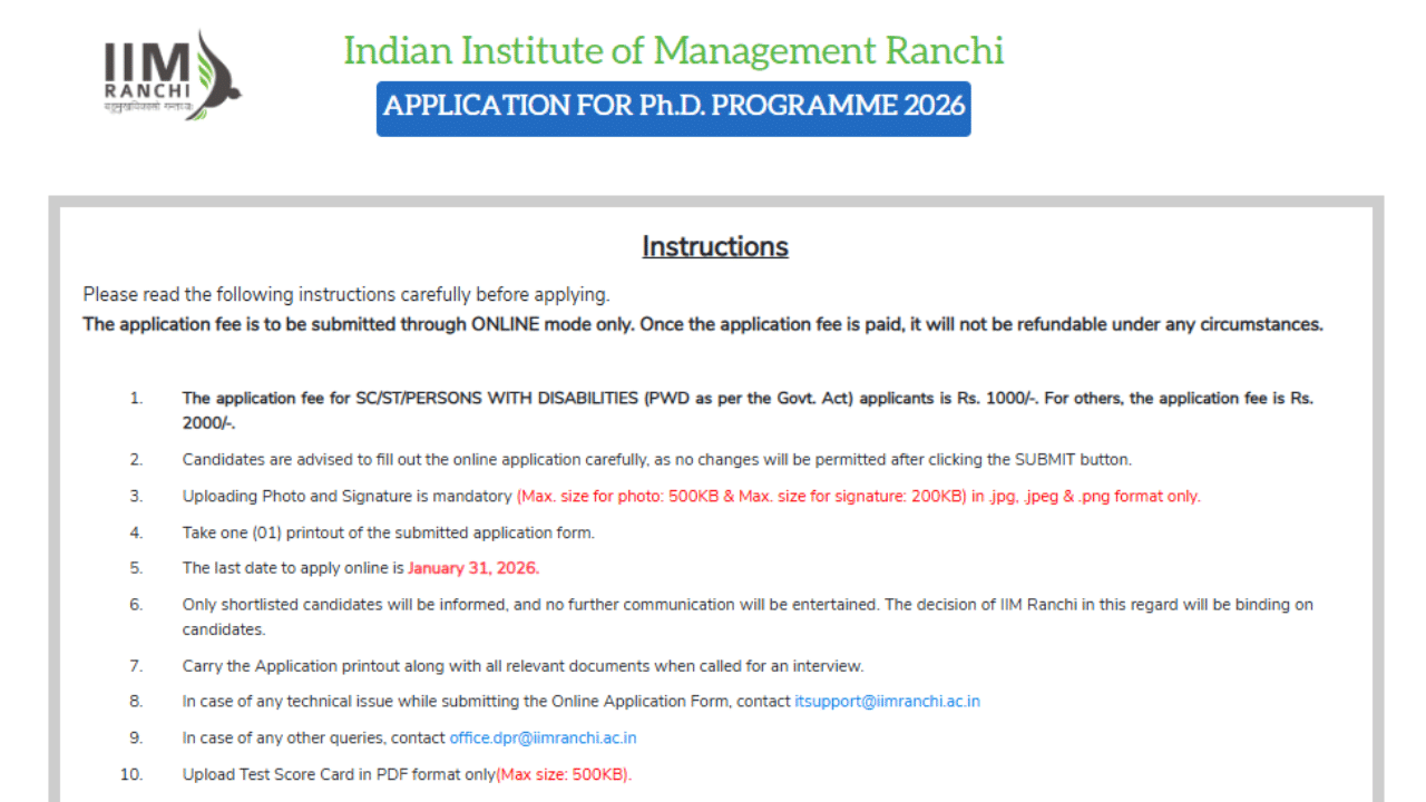IIM Ranchi PhD Admission 2026