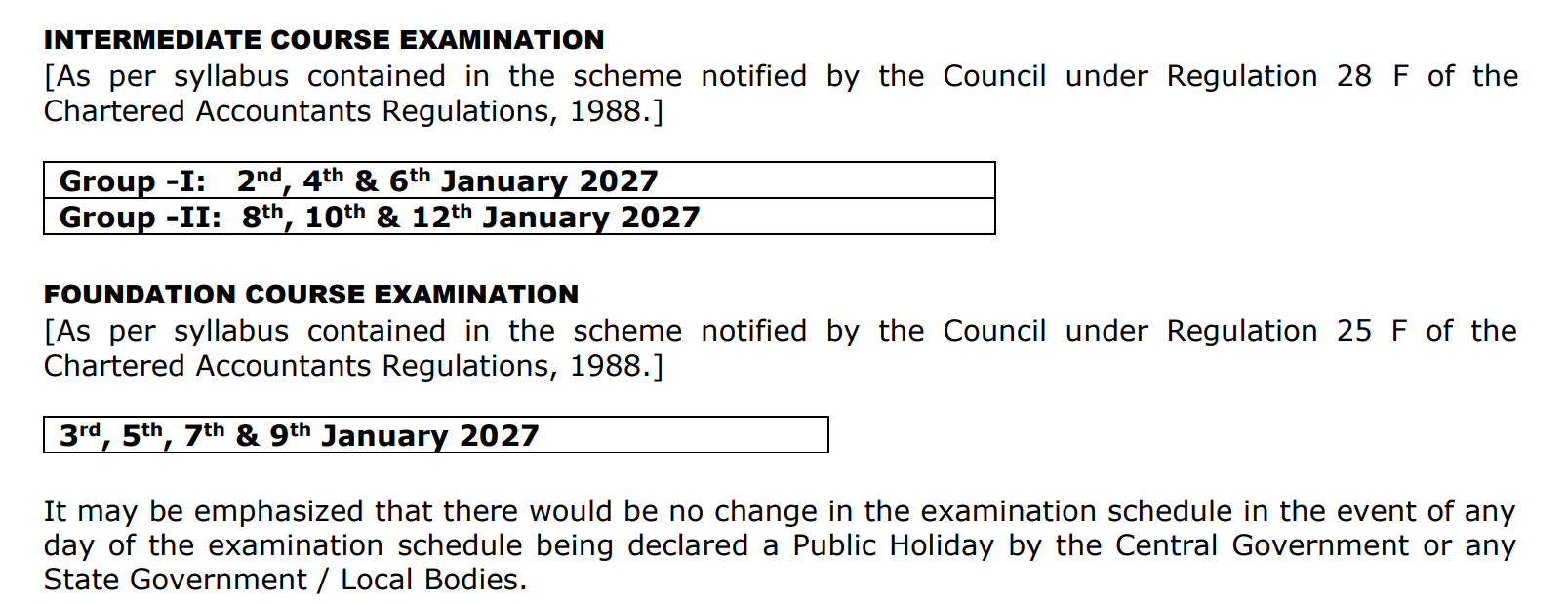 ICAI January 2027 Examination Important Dates