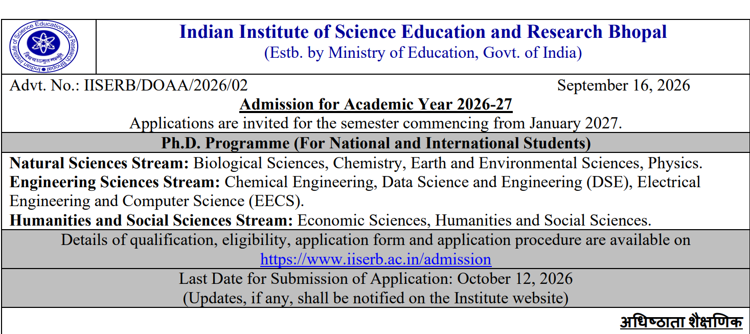 IISER Bhopal PhD 2026-27 Important Dates