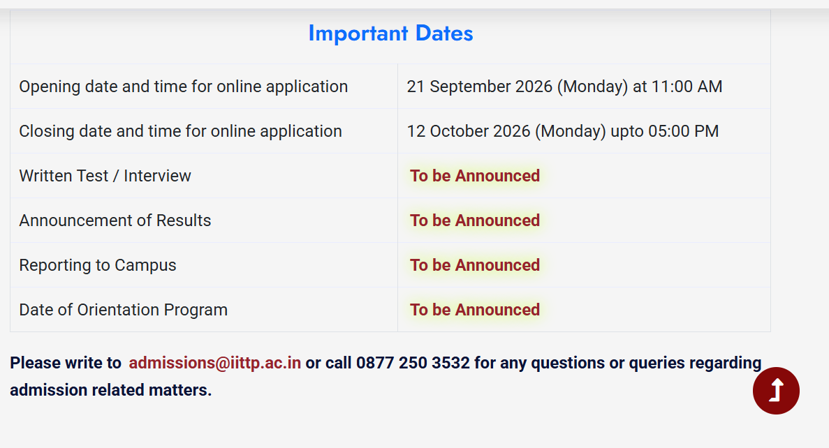 IIT Tirupati Admission 2027 Important Dates