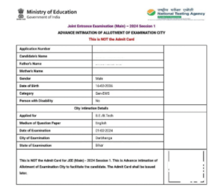 NEET City Intimation Slip Sample