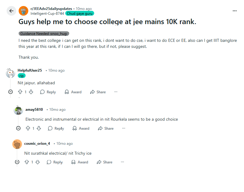 Reddit discussion on Colleges Under 10,000 Rank in JEE Main 2026