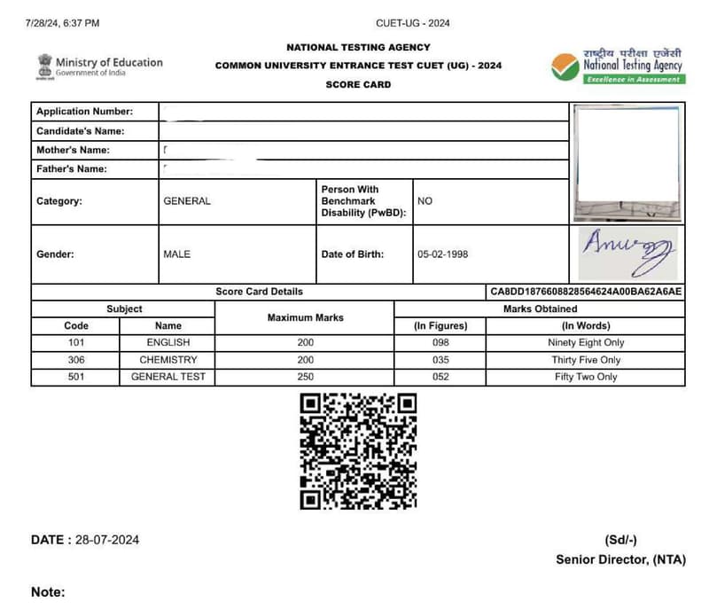 Sample Image of CUET UG Scorecard