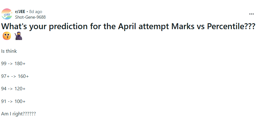 Reddit Prediction Marks vs Percentile for JEE Main 2026 Session 2 April Exam