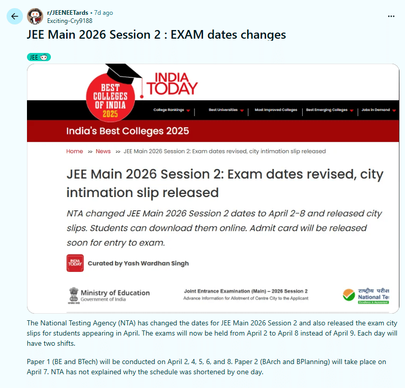 Jee main exam dates changed reddit discussion