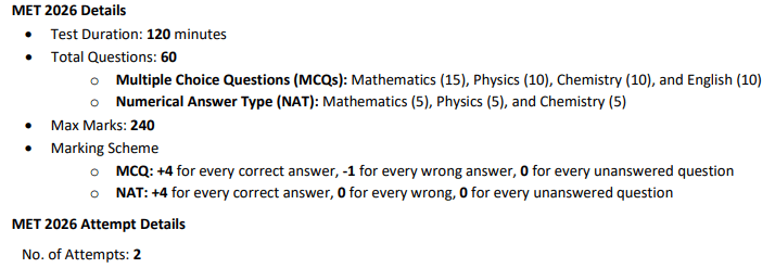 MET Exam Pattern for B.Tech