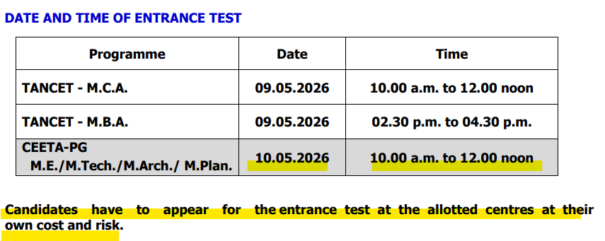 CEETA PG 2026 Exam Date Highlights