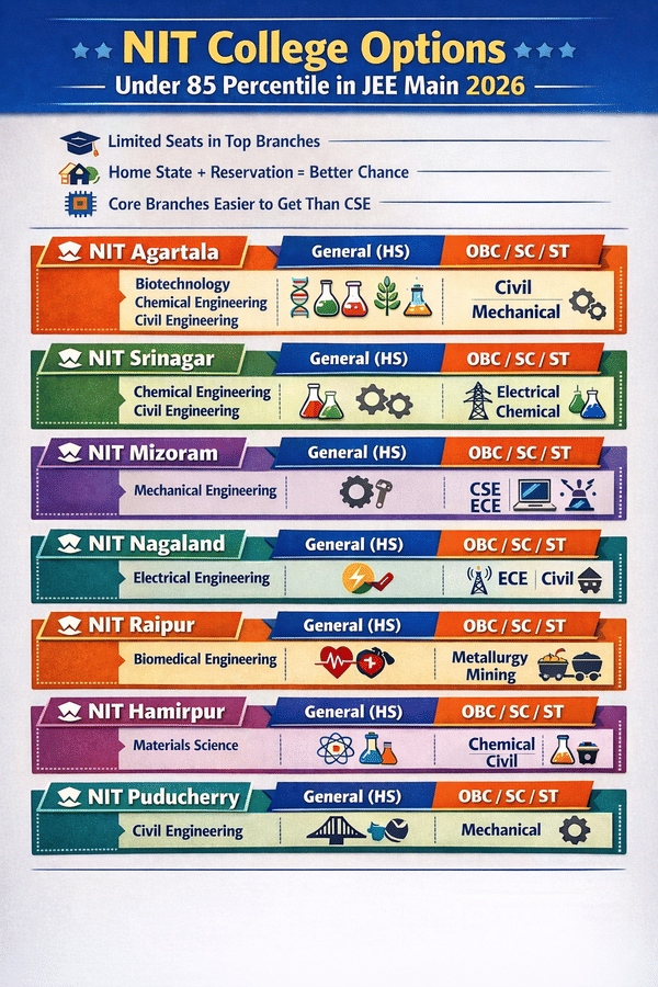 NIT College Options Under 85 Percentile in JEE Main 2026