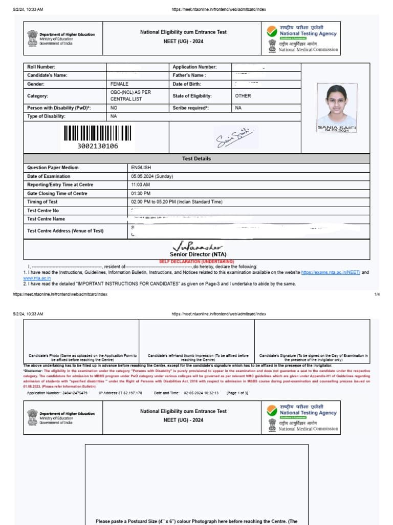 Details Mentioned on the NEET 2026 Admit Card