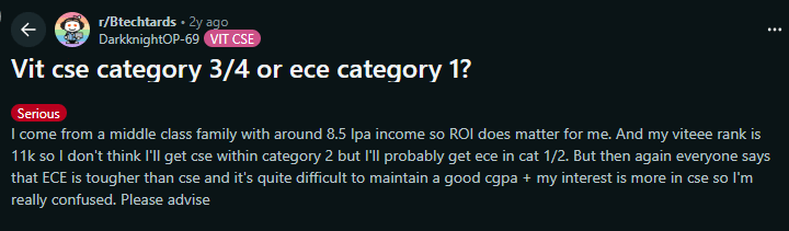 Reddit Discussion on VIT CSE Category 3 Cutoff