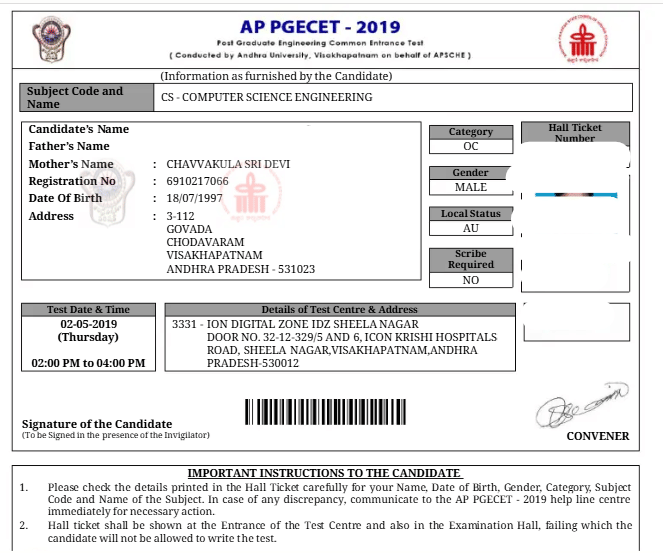 AP PGECET Admit Card 2026: Sample Image