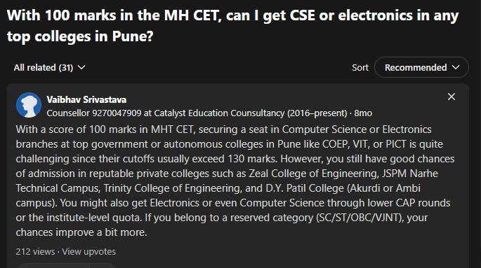 Users' Discussion on Quora for Expected MHT CET 2026 CSE Cutoff 