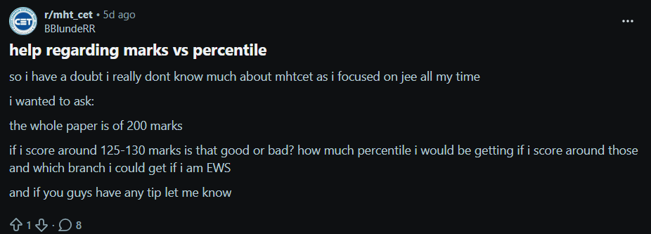 Reddit Discussion on MHT CET Marks vs Percentile 