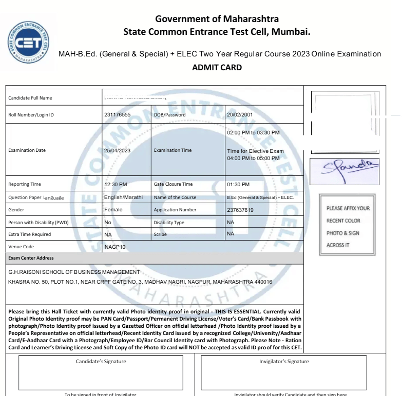 MAH BEd CET Admit Card 2026: Sample Image