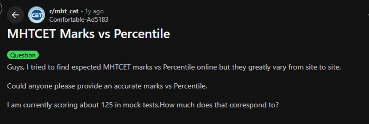 Reddit Discussion on MHT CET Marks vs Percentile 
