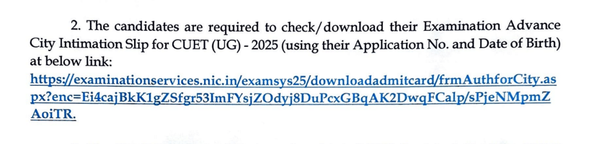 CUET UG City Intimation Slip 2026 Official Notification