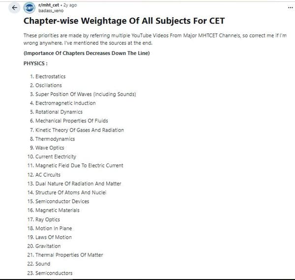 Reddit Discussions on Most Repeated MHT CET Chapters