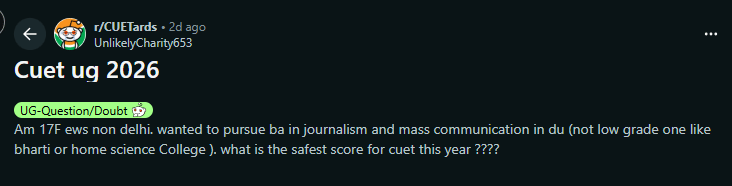 Reddit Discussion on CUET UG Cutoff 2026