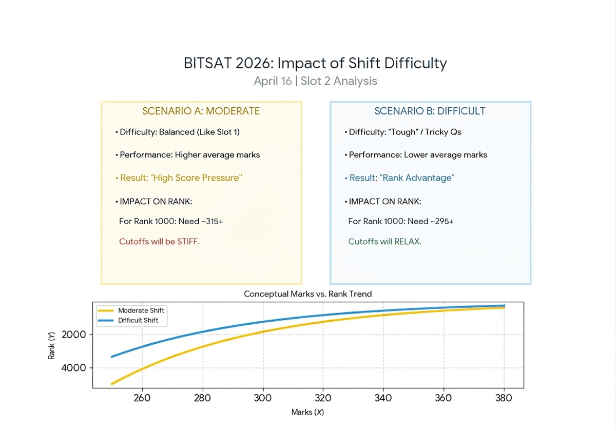 Impact of Shift Difficulty in BITSAT 2026 April 16 Slot 2 Expected Marks vs. Rank