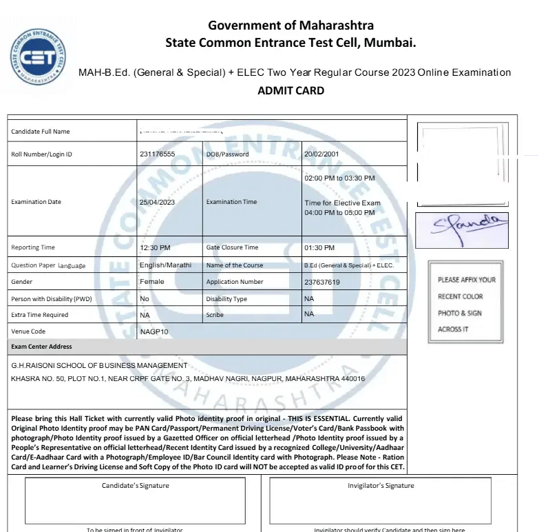 Sample MAH BEd CET Admit Card