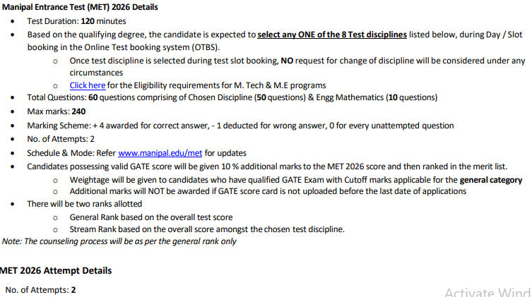 MET Exam Pattern for M.Tech & M.E Programs