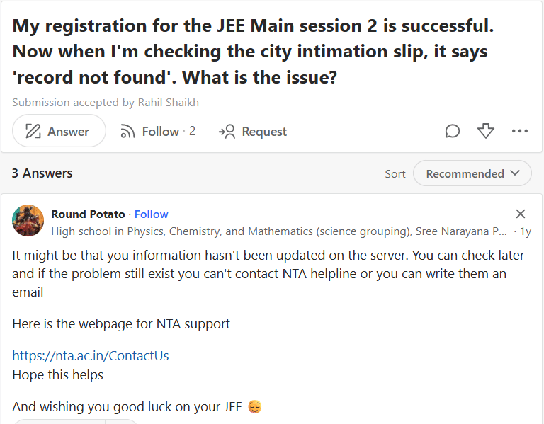 problem regarding the JEE Main City Intimation Slip
