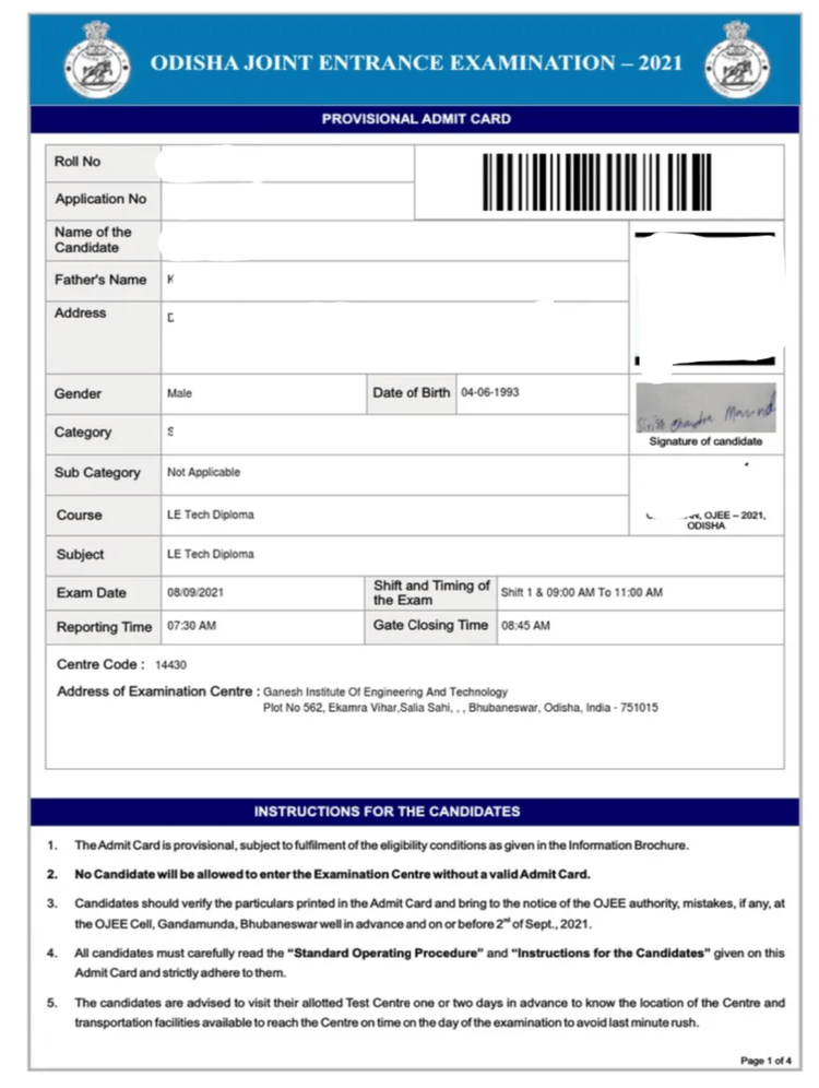 Sample Image of OJEE Admit Card
