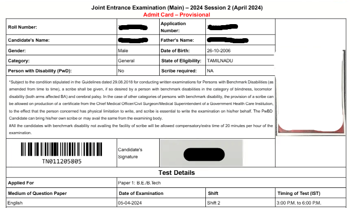 JEE Main Session 2 Admit Card 2026 